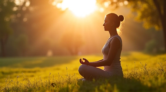 A person meditating or practicing yoga in a serene outdoor setting, symbolizing the connection between mental health and physical well-being.