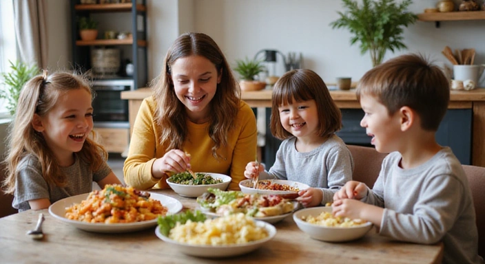 A family enjoying a healthy and fun meal together at a dining table, with colorful, nutritious dishes and cheerful interaction, symbolizing family nutrition.