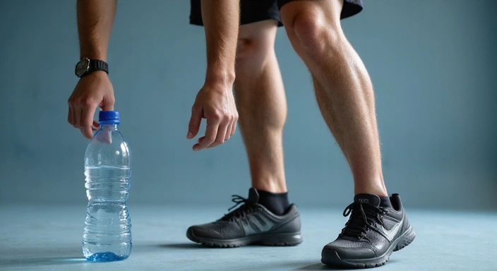 A person performing a dynamic exercise with a water bottle nearby, illustrating the importance of hydration for sports and physical activity.