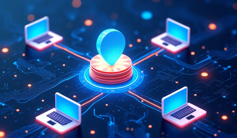 Illustration of a network of interconnected devices and data flow, representing third-party cookie usage.