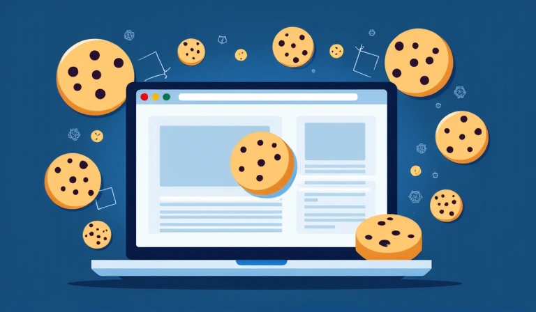 Illustration of various cookies on a computer screen, representing different types and their functions.