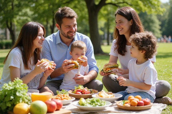 Diverse family eating healthy food outdoors