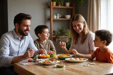 A family eating together at a dinner table, symbolizing family nutrition.