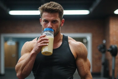 Athlete drinking a protein shake, symbolizing sports nutrition.