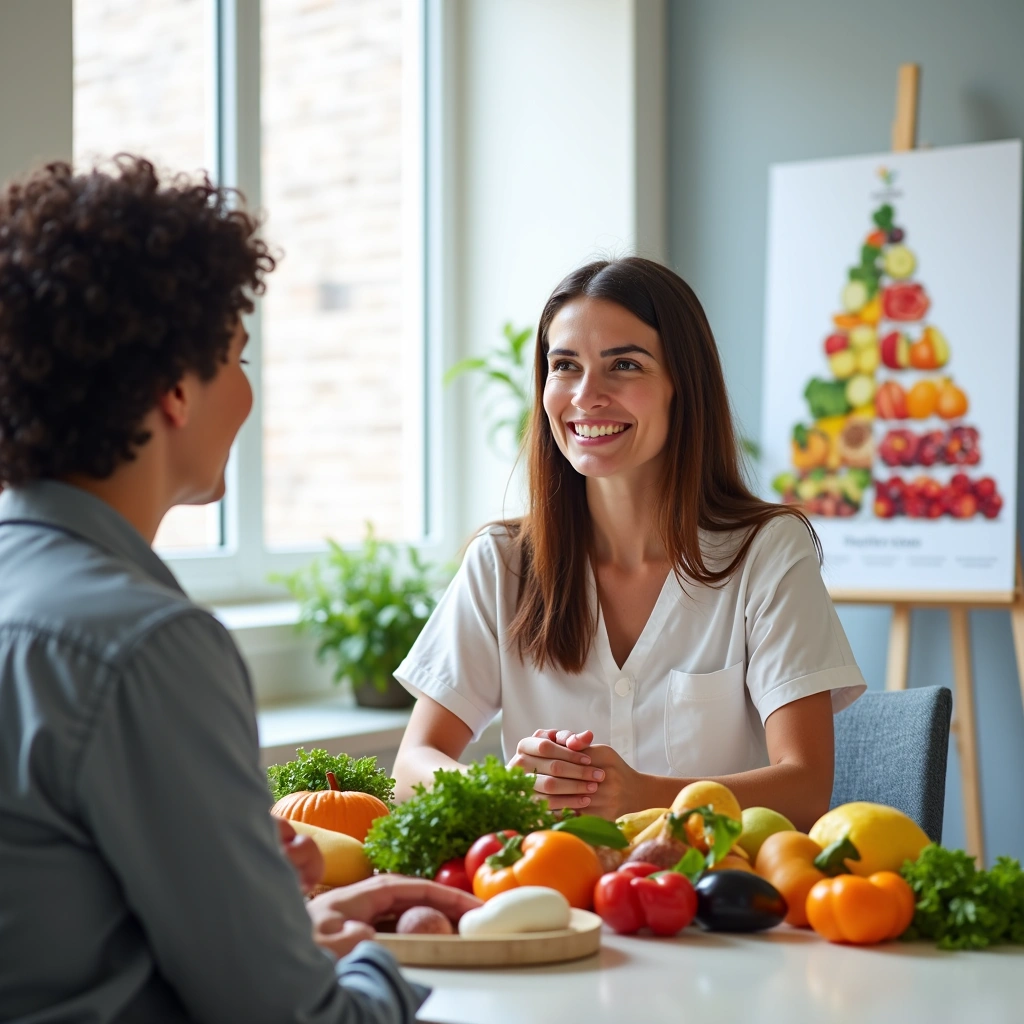 Nutritionist consulting with a client over a healthy food spread
