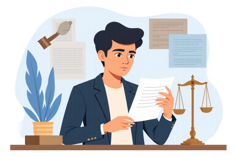 Illustration of a person reading a document with a serious expression, surrounded by abstract legal symbols.